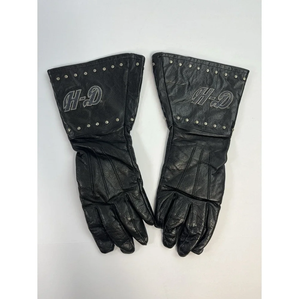 Vintage Harley-Davidson Womens Leather Gloves Small Black Rivet Long Gauntlet HD